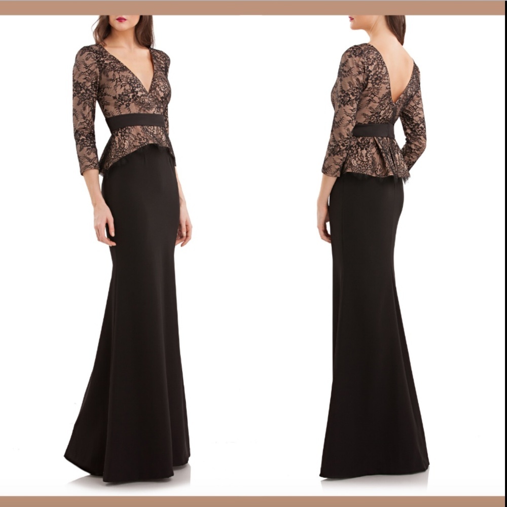 NEW $288 JS COLLECTIONS Lace &‎ Crepe Peplum Gown Black/Nude [SZ 6 ]